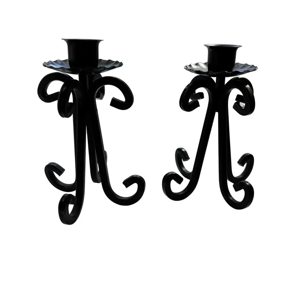 Vintage black wrought iron taper candle holders PAIR Spanish Revival mid century